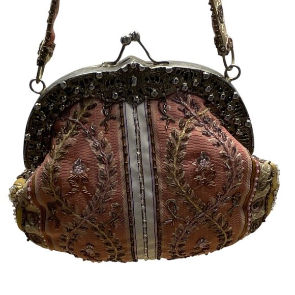Vintage Christiana Pink Satin Lining Beaded Embroidered Metal Frame Handbag Sz S - Picture 2 of 9